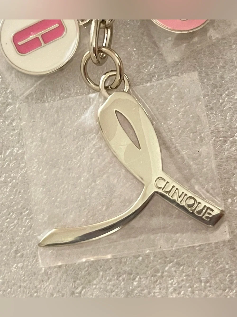 Clinique Key Chain Ring Breast Cancer Awareness Charms Pink Ribbon Silver Tone